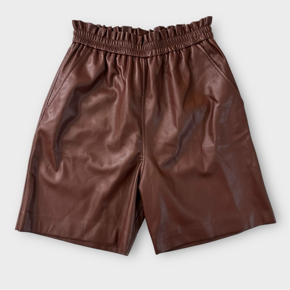 Munthe Brown Faux‎ Leather Paperbag Bermuda Shorts FR 38 US 8 High Waisted